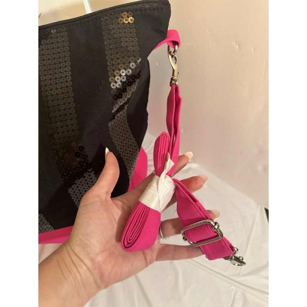 Victoria's Secret Black Hot Pink Sequin Tote Large Weekender Zip Shoulder Bag ~